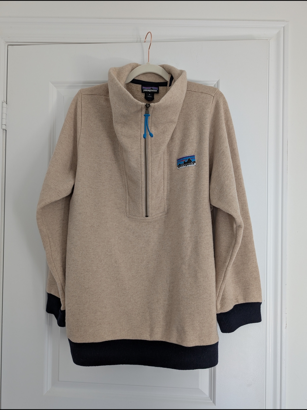 Patagonia Tan Half-Zip with Black Trim and Blue Pull